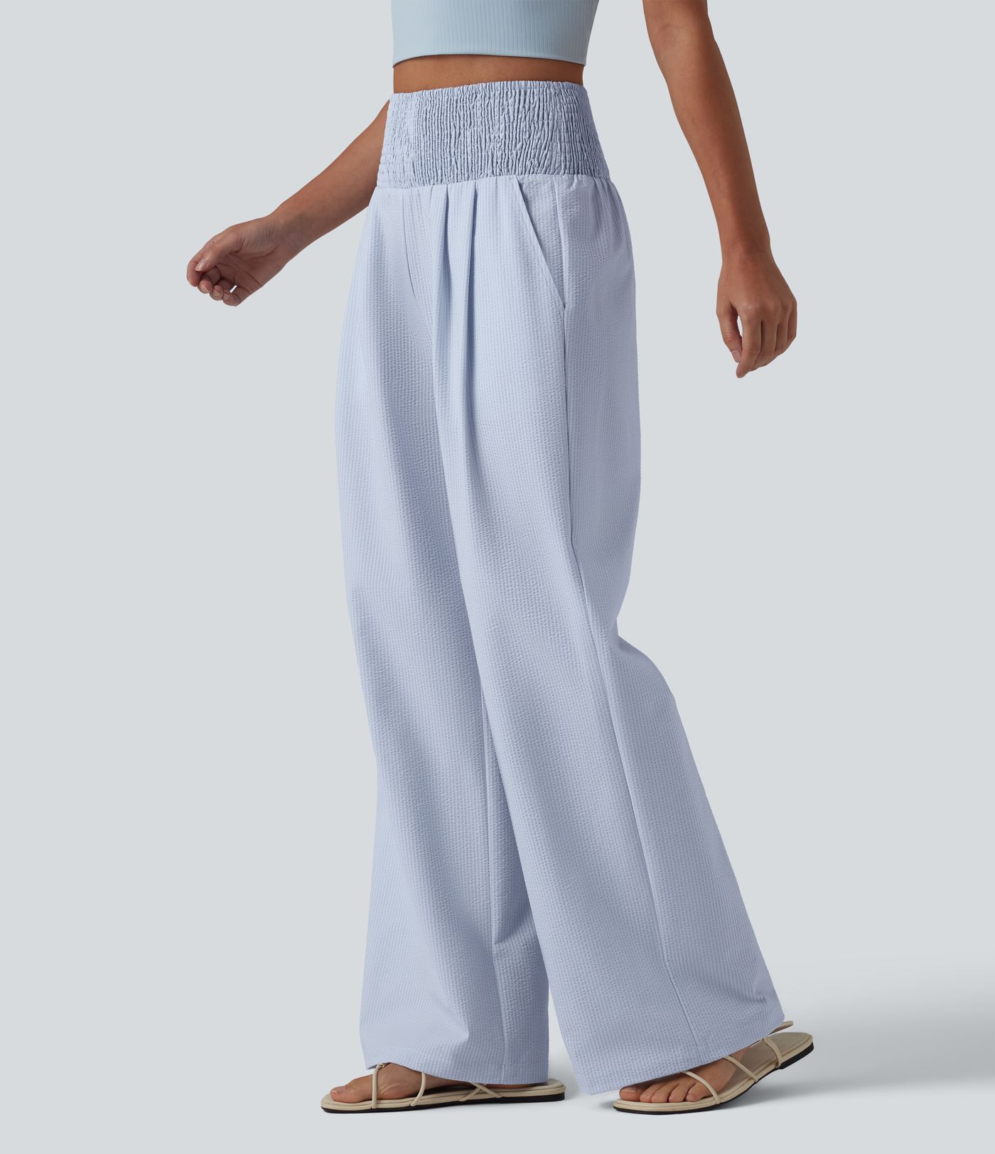 High Waisted Shirred Wide Leg Quick Dry Crinkle Casual Pants with Pockets