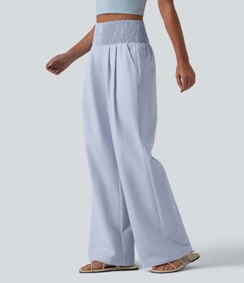 High Waisted Shirred Wide Leg Quick Dry Crinkle Casual Pants with Pockets