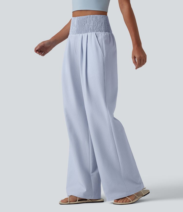 High Waisted Shirred Wide Leg Quick Dry Crinkle Casual Pants with Pockets