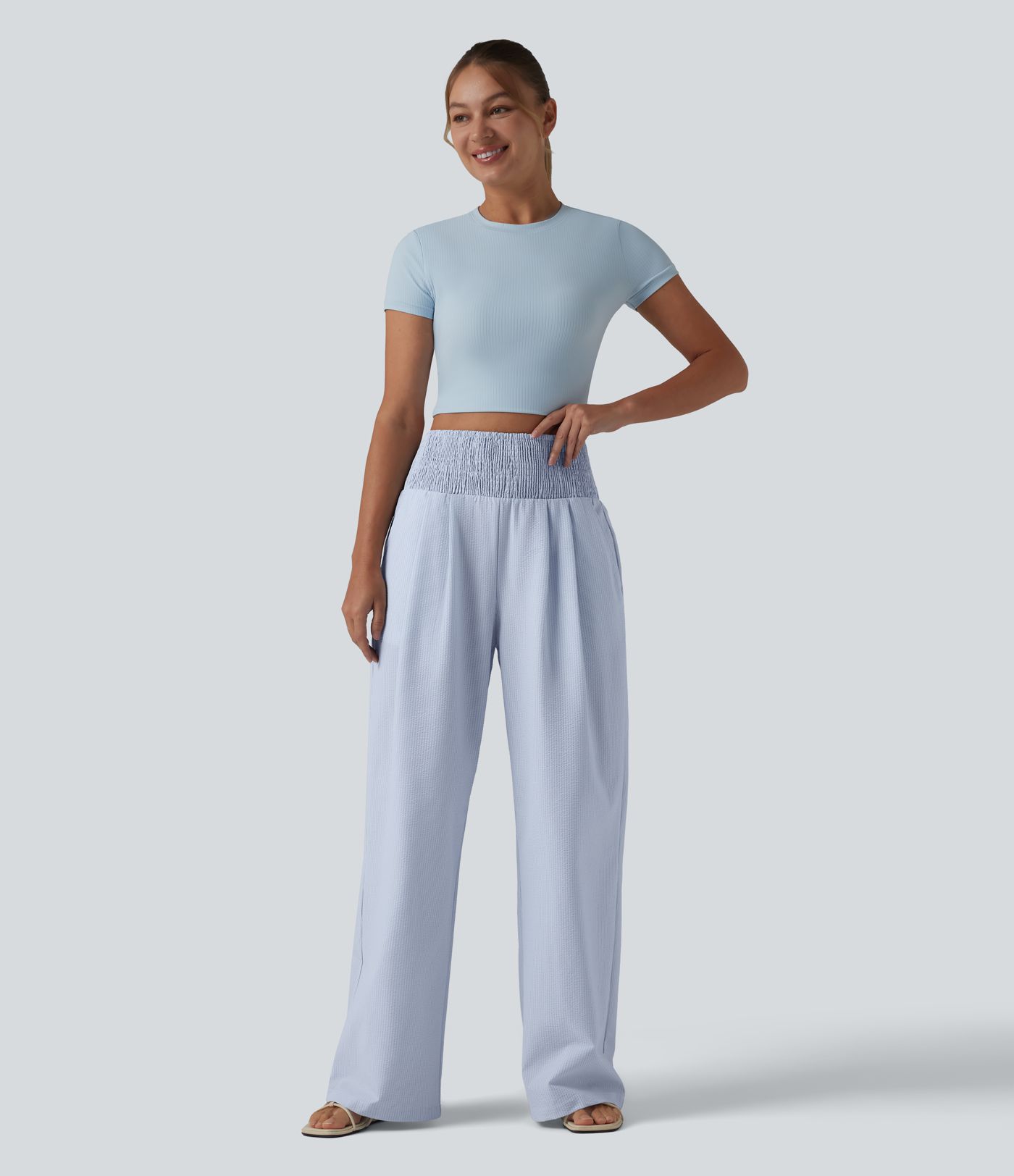 High Waisted Shirred Wide Leg Quick Dry Crinkle Casual Pants with Pockets