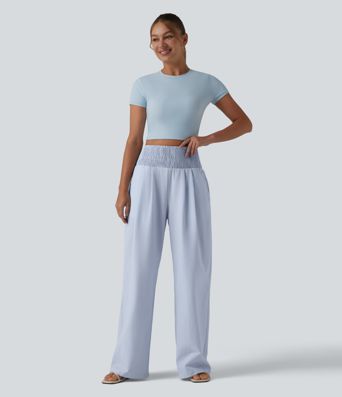 High Waisted Shirred Wide Leg Quick Dry Crinkle Casual Pants with Pockets