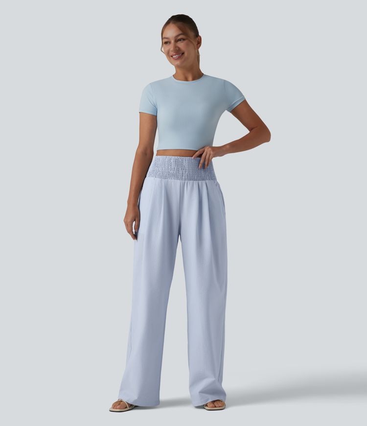 High Waisted Shirred Wide Leg Quick Dry Crinkle Casual Pants with Pockets