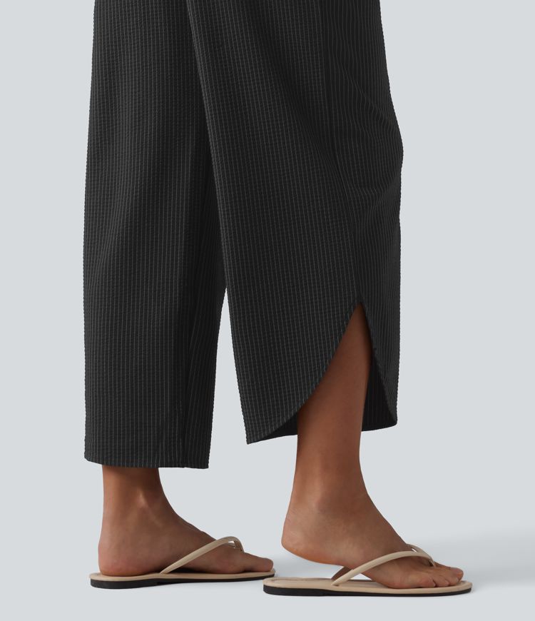 High Waisted Tummy Control Stripe Quick Dry Casual Pants with Pockets-UPF40+