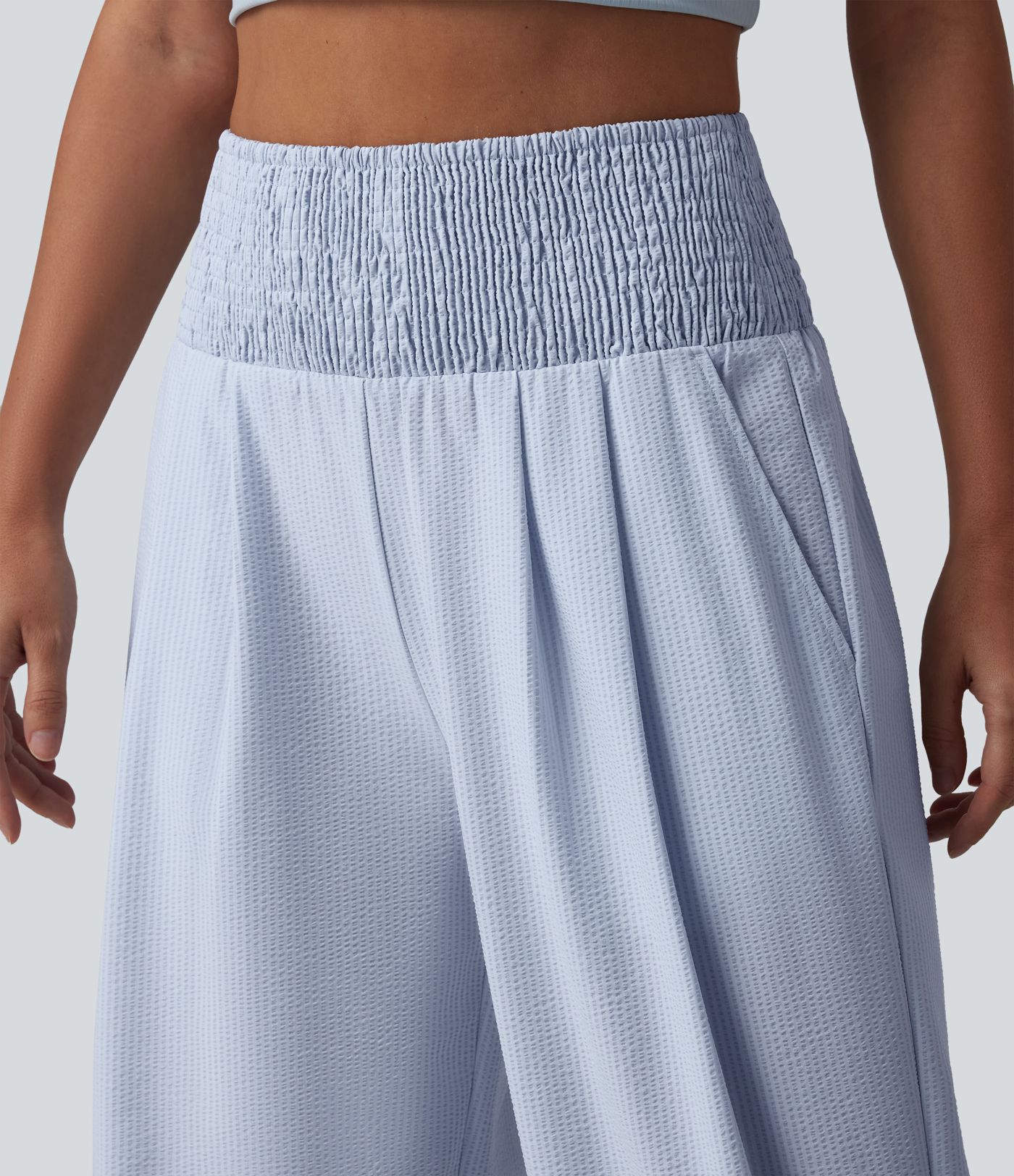 High Waisted Shirred Wide Leg Quick Dry Crinkle Casual Pants with Pockets