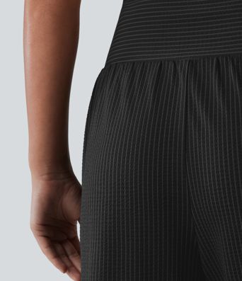 High Waisted Tummy Control Stripe Quick Dry Casual Pants with Pockets-UPF40+