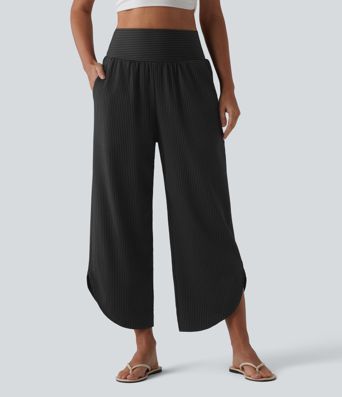 High Waisted Tummy Control Stripe Quick Dry Casual Pants with Pockets-UPF40+