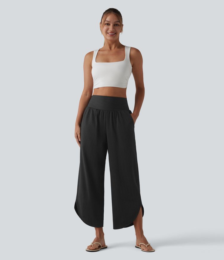 High Waisted Tummy Control Stripe Quick Dry Casual Pants with Pockets-UPF40+