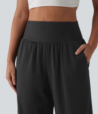 High Waisted Tummy Control Stripe Quick Dry Casual Pants with Pockets-UPF40+