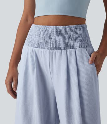 High Waisted Shirred Wide Leg Quick Dry Crinkle Casual Pants with Pockets