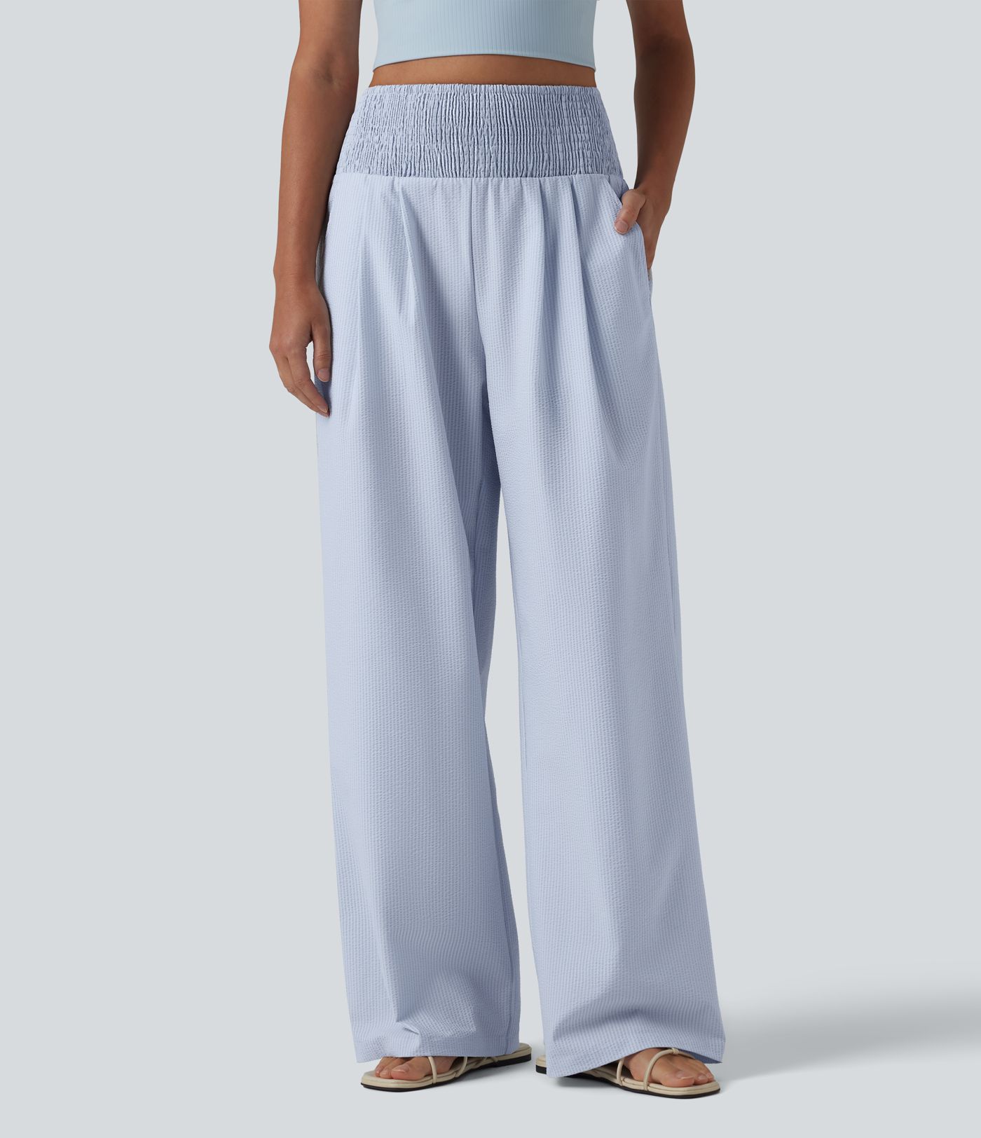 High Waisted Shirred Wide Leg Quick Dry Crinkle Casual Pants with Pockets