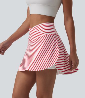 Crossover High Waisted Curved Hem 2-in-1 Stripes Mini Tennis Skirt with Pockets