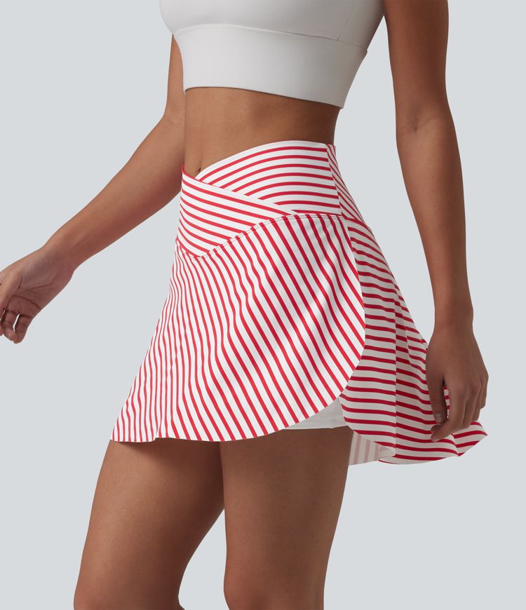 Crossover High Waisted Curved Hem 2-in-1 Stripes Mini Tennis Skirt with Pockets