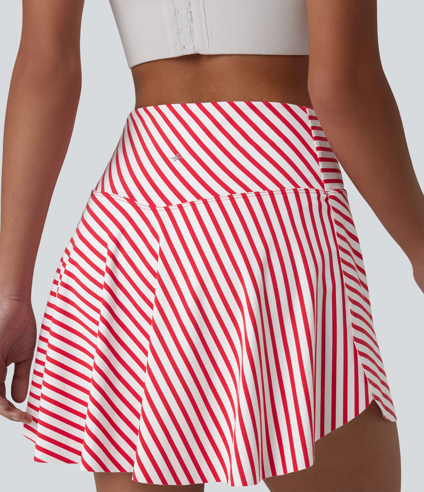 Crossover High Waisted Curved Hem 2-in-1 Stripes Mini Tennis Skirt with Pockets
