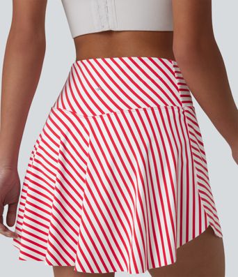 Crossover High Waisted Curved Hem 2-in-1 Stripes Mini Tennis Skirt with Pockets