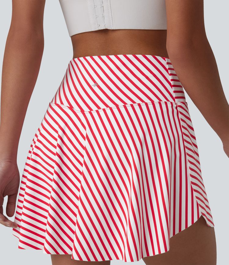 Crossover High Waisted Curved Hem 2-in-1 Stripes Mini Tennis Skirt with Pockets