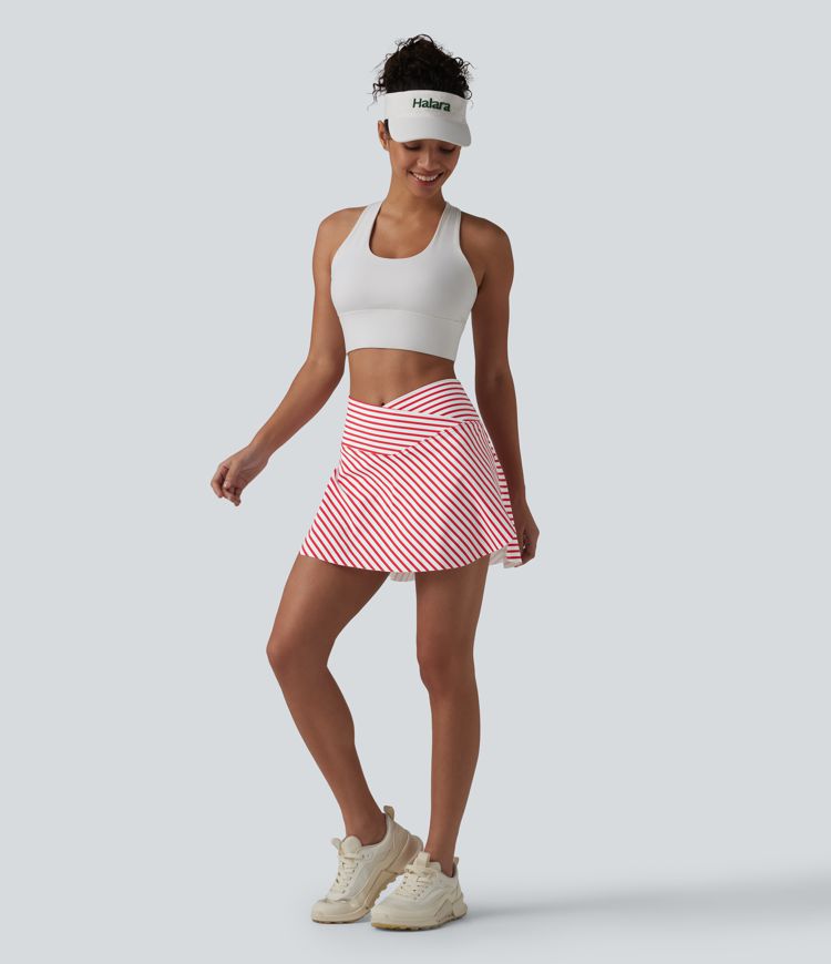 Crossover High Waisted Curved Hem 2-in-1 Stripes Mini Tennis Skirt with Pockets