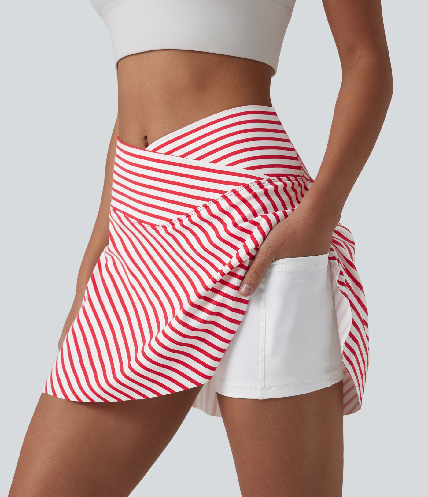 Crossover High Waisted Curved Hem 2-in-1 Stripes Mini Tennis Skirt with Pockets