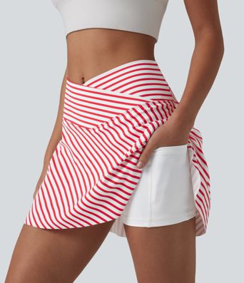 Crossover High Waisted Curved Hem 2-in-1 Stripes Mini Tennis Skirt with Pockets