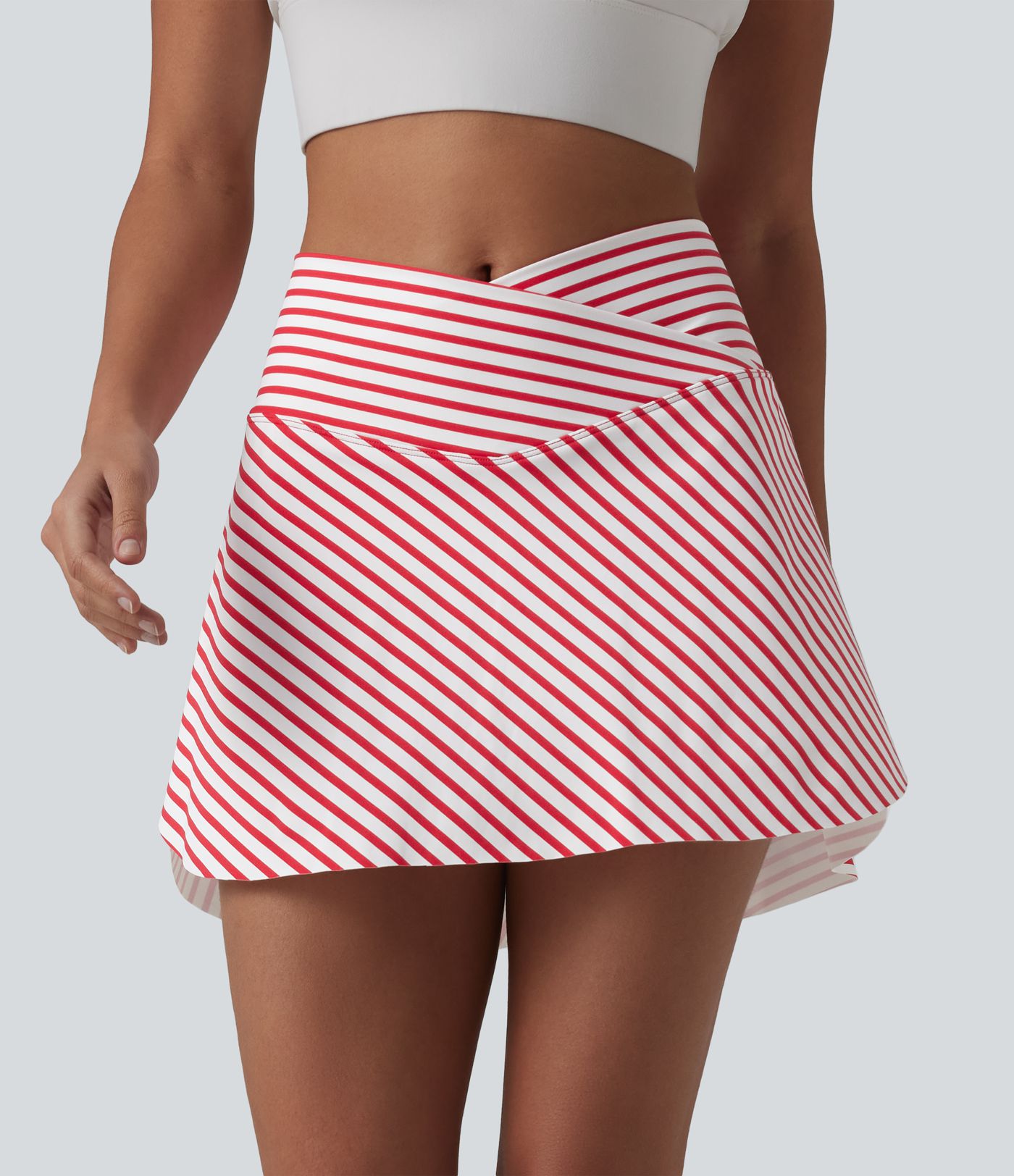 Crossover High Waisted Curved Hem 2-in-1 Stripes Mini Tennis Skirt with Pockets