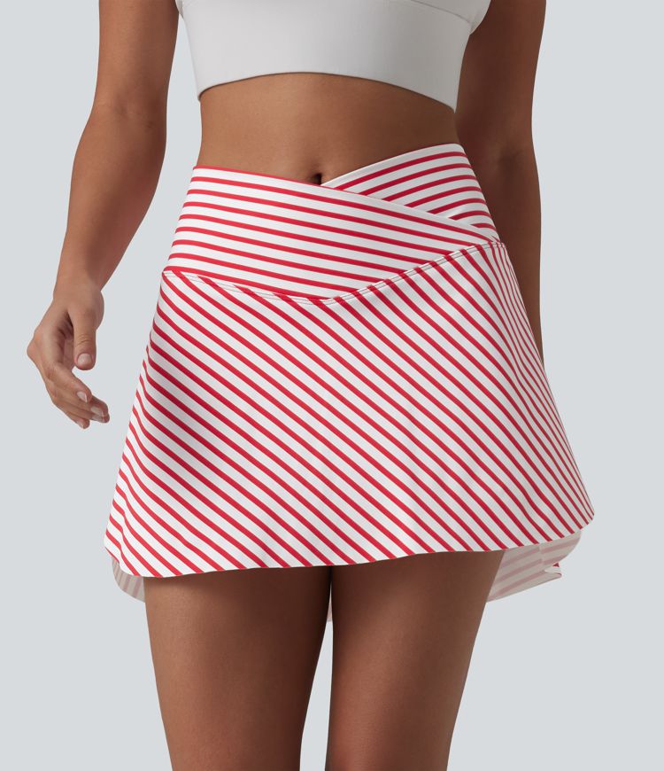 Crossover High Waisted Curved Hem 2-in-1 Stripes Mini Tennis Skirt with Pockets