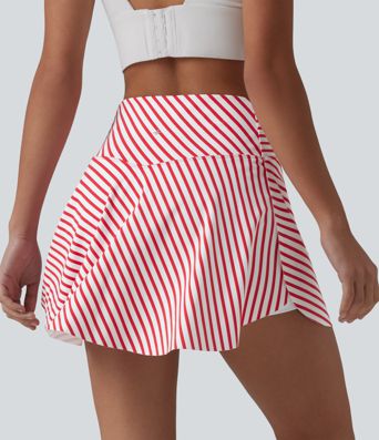 Crossover High Waisted Curved Hem 2-in-1 Stripes Mini Tennis Skirt with Pockets