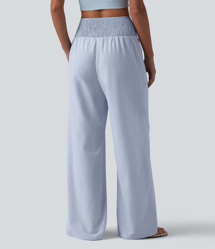 High Waisted Shirred Wide Leg Quick Dry Crinkle Casual Pants with Pockets