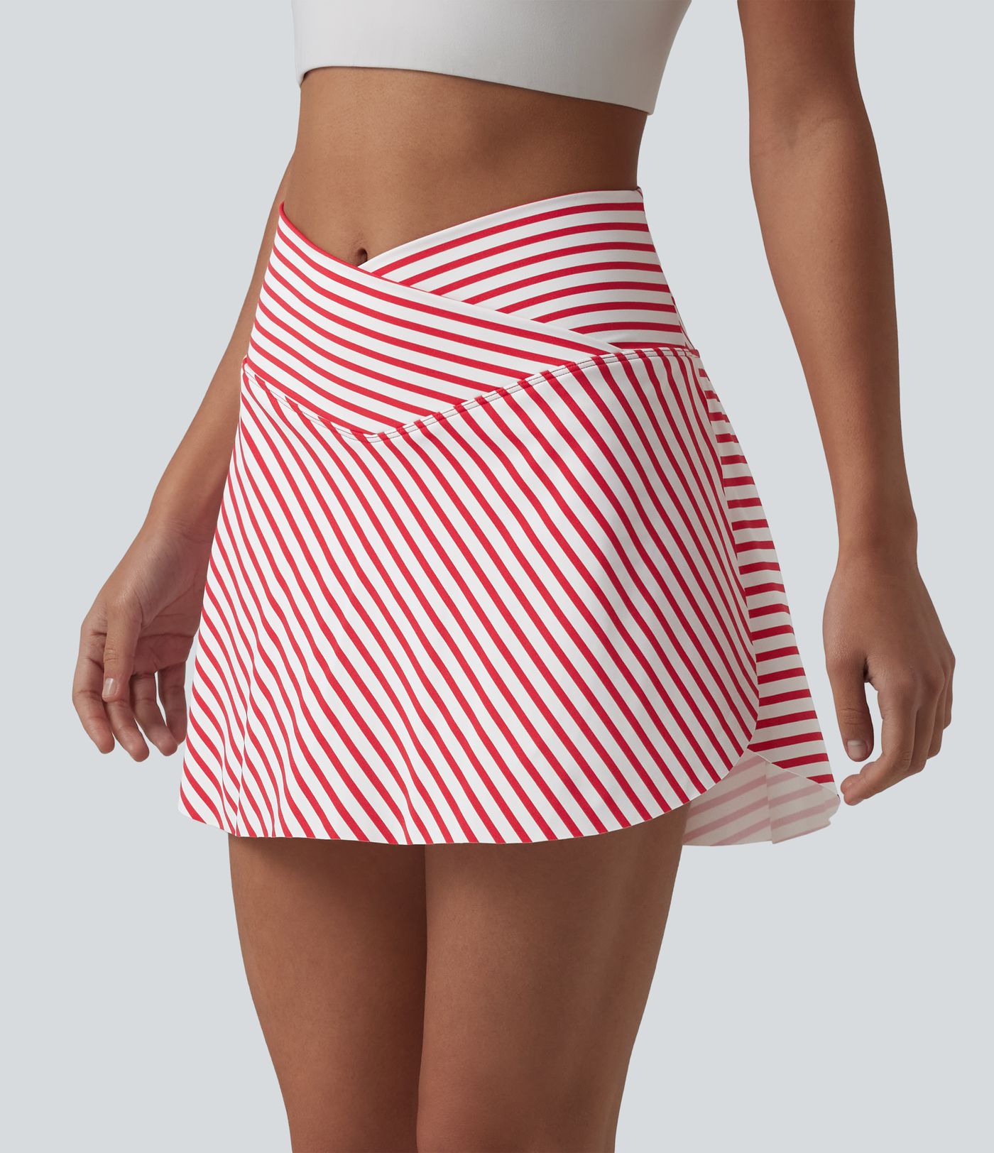 Crossover High Waisted Curved Hem 2-in-1 Stripes Mini Tennis Skirt with Pockets