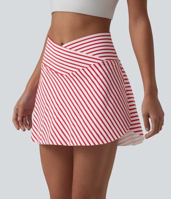 Crossover High Waisted Curved Hem 2-in-1 Stripes Mini Tennis Skirt with Pockets
