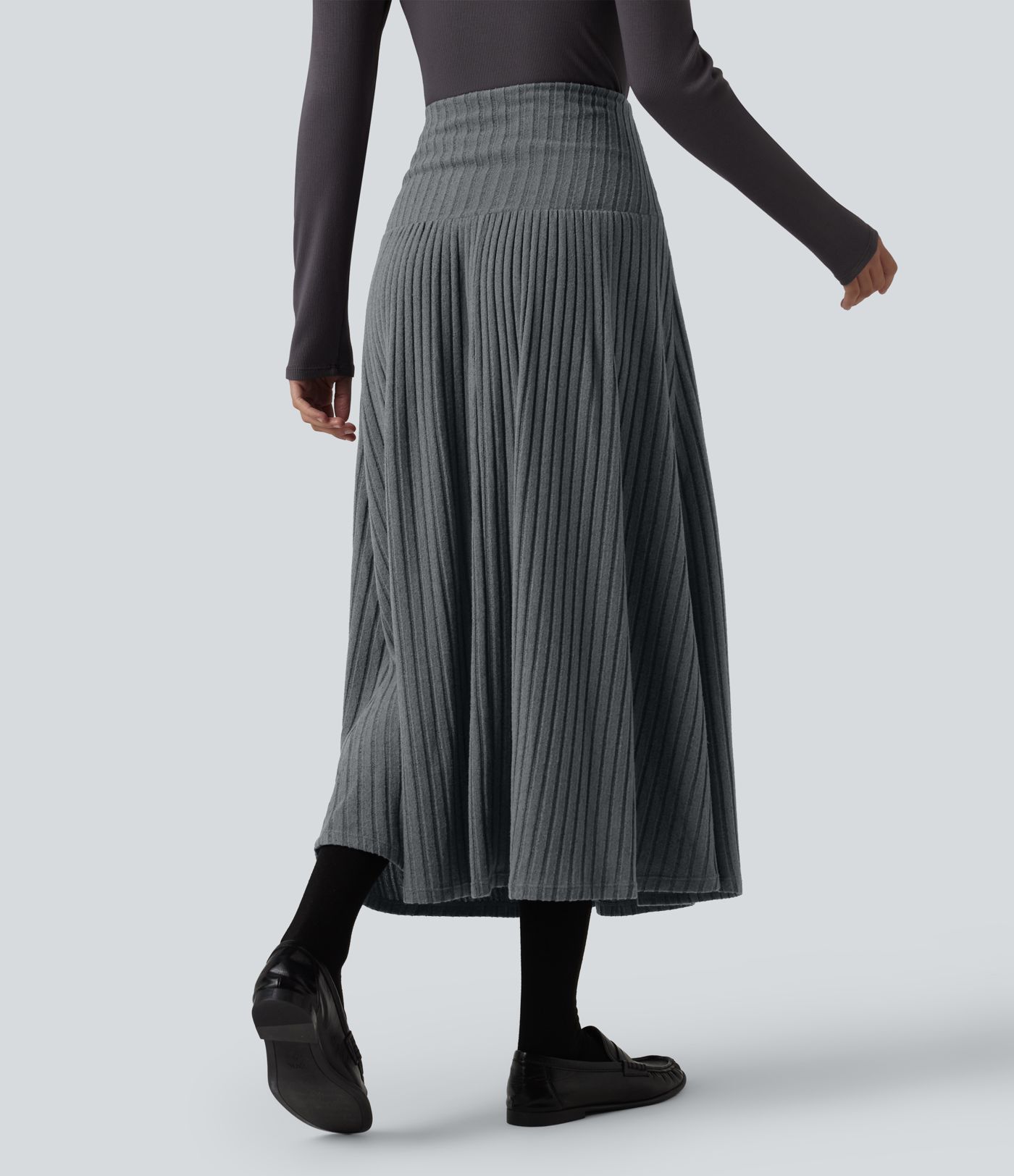 Ribbed Knit High Waisted A-Line Midi Work Skirt