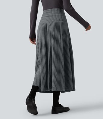 Ribbed Knit High Waisted A-Line Midi Work Skirt