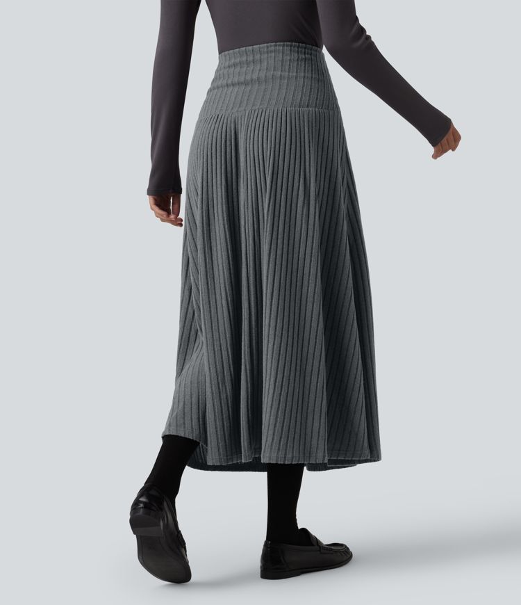 Ribbed Knit High Waisted A-Line Midi Work Skirt