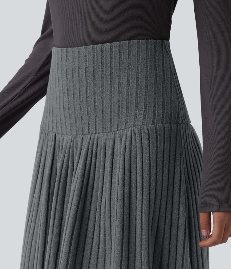 Ribbed Knit High Waisted A-Line Midi Work Skirt