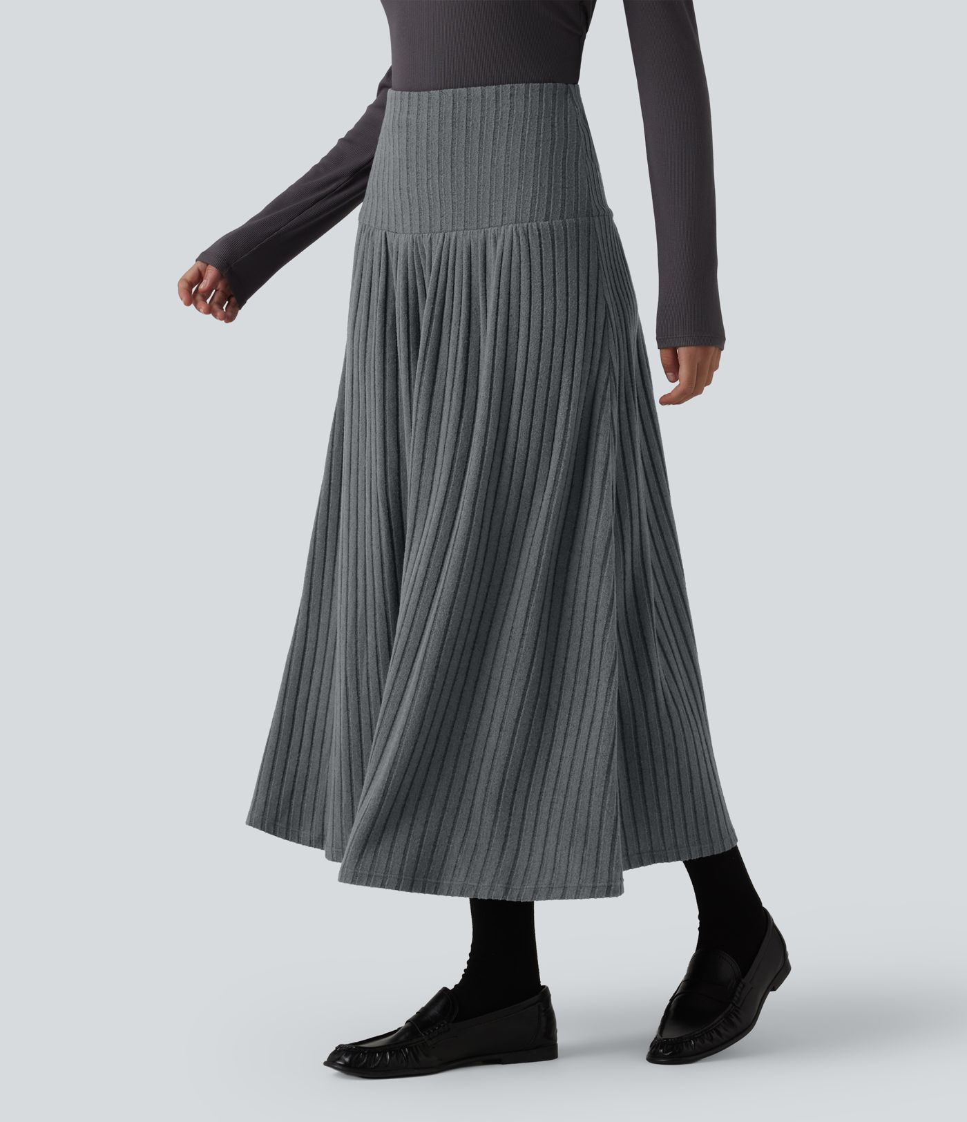Ribbed Knit High Waisted A-Line Midi Work Skirt