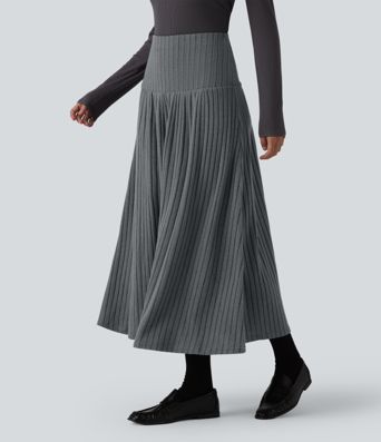 Ribbed Knit High Waisted A-Line Midi Work Skirt