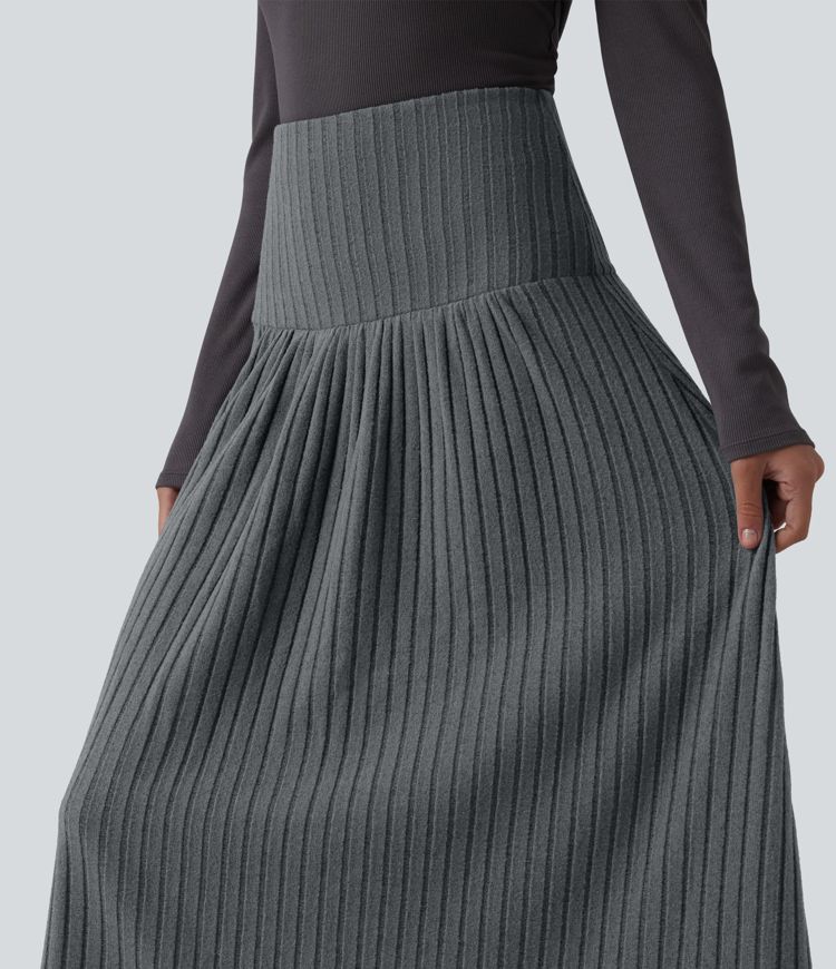 Ribbed Knit High Waisted A-Line Midi Work Skirt