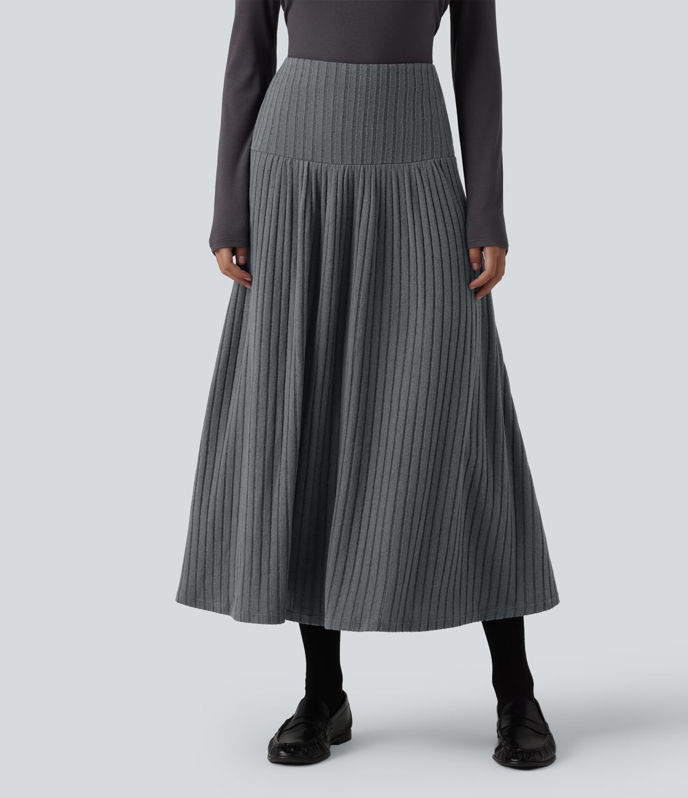 Ribbed Knit High Waisted A-Line Midi Work Skirt