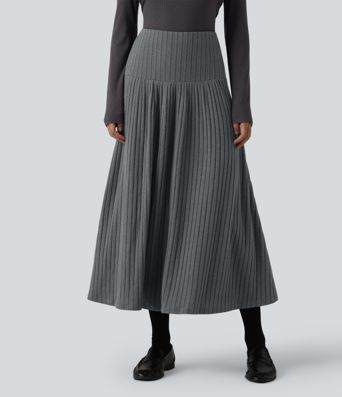 Ribbed Knit High Waisted A-Line Midi Work Skirt