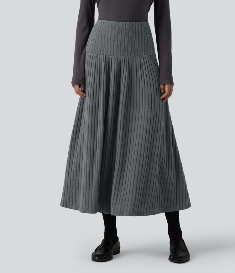 Ribbed Knit High Waisted A-Line Midi Work Skirt