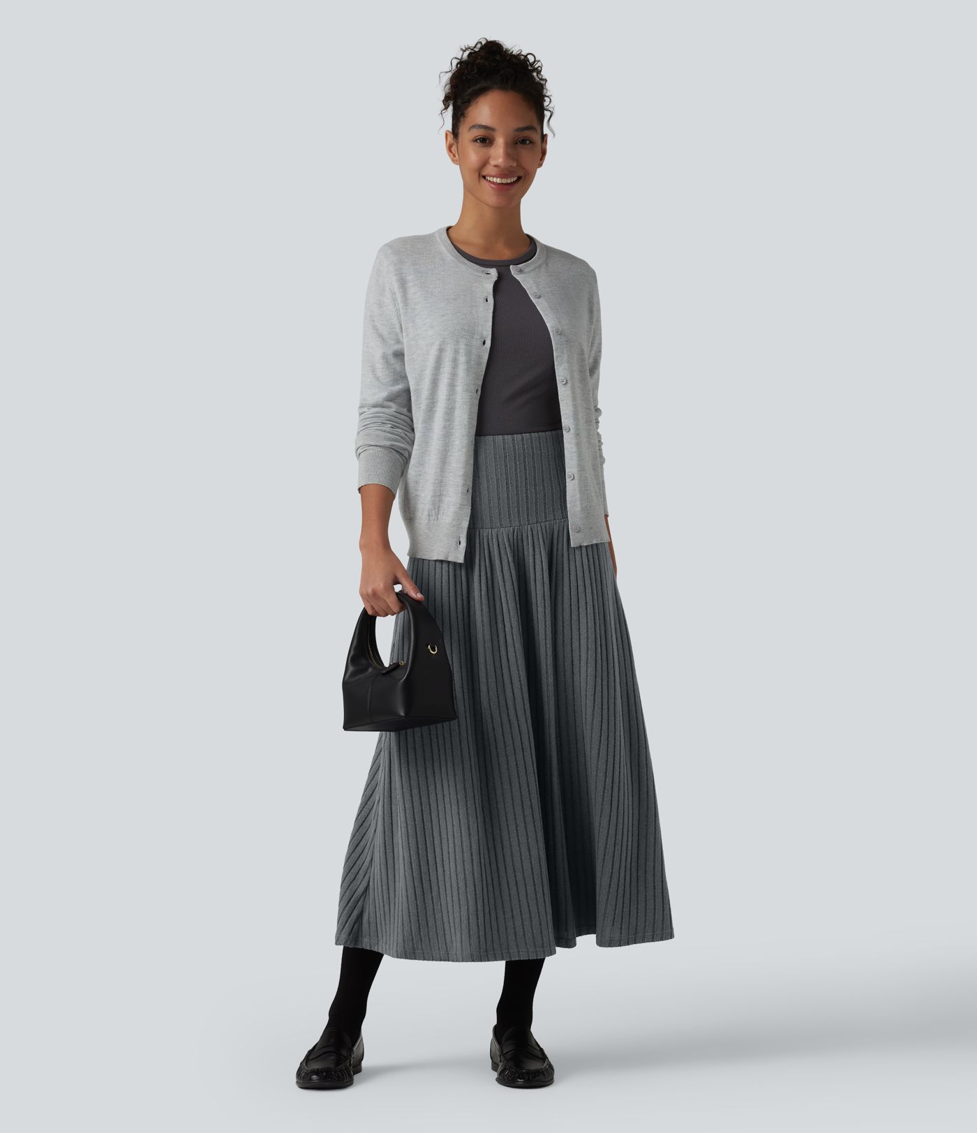Ribbed Knit High Waisted A-Line Midi Work Skirt