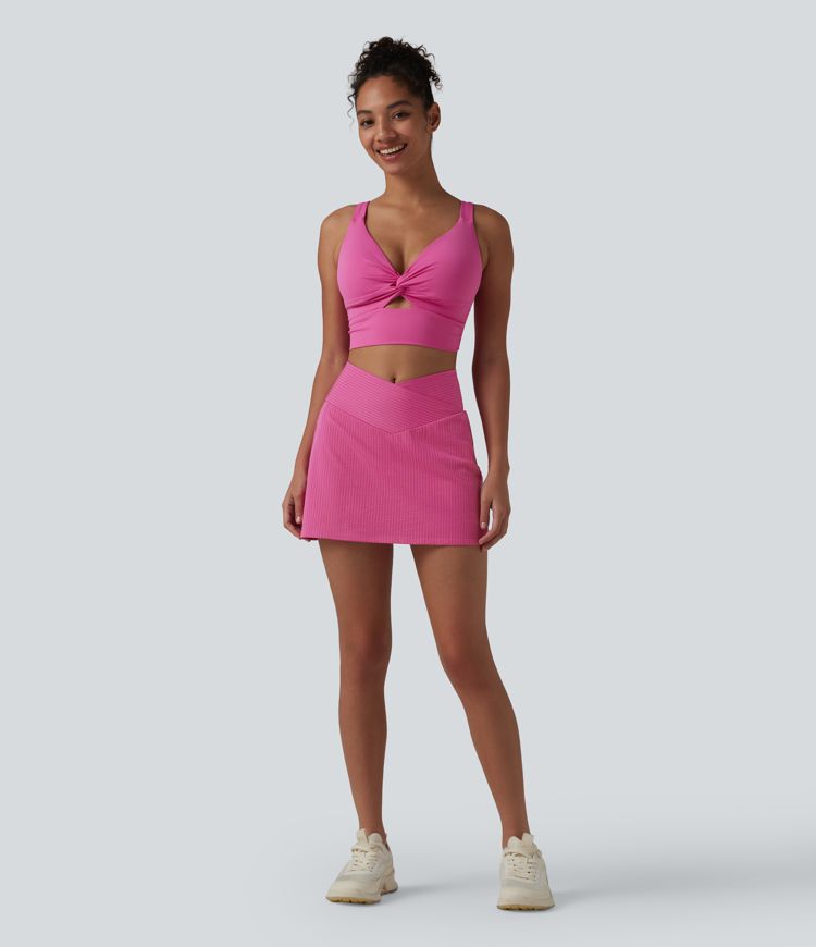 Crossover High Waisted 2-in-1 Mini A-line Stripes Quick Dry Tennis Skirt with Pockets-UPF40+