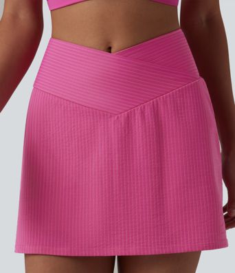 Crossover High Waisted 2-in-1 Mini A-line Stripes Quick Dry Tennis Skirt with Pockets-UPF40+