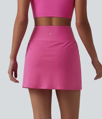 Crossover High Waisted 2-in-1 Mini A-line Stripes Quick Dry Tennis Skirt with Pockets-UPF40+