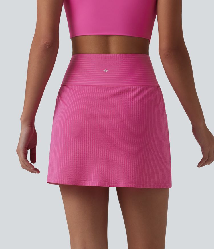 Crossover High Waisted 2-in-1 Mini A-line Stripes Quick Dry Tennis Skirt with Pockets-UPF40+