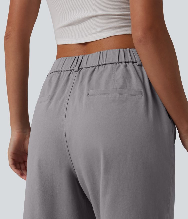 High Waisted Straight Leg Work Chino Cotton Pants with Pockets