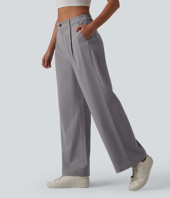 High Waisted Straight Leg Work Chino Cotton Pants with Pockets
