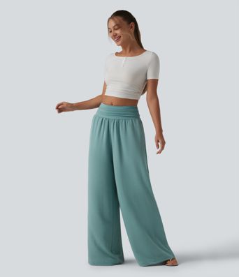 Pantalon ample décontracté taille haute à fronces, effet gainant pour le ventre, aspect lin, avec poches