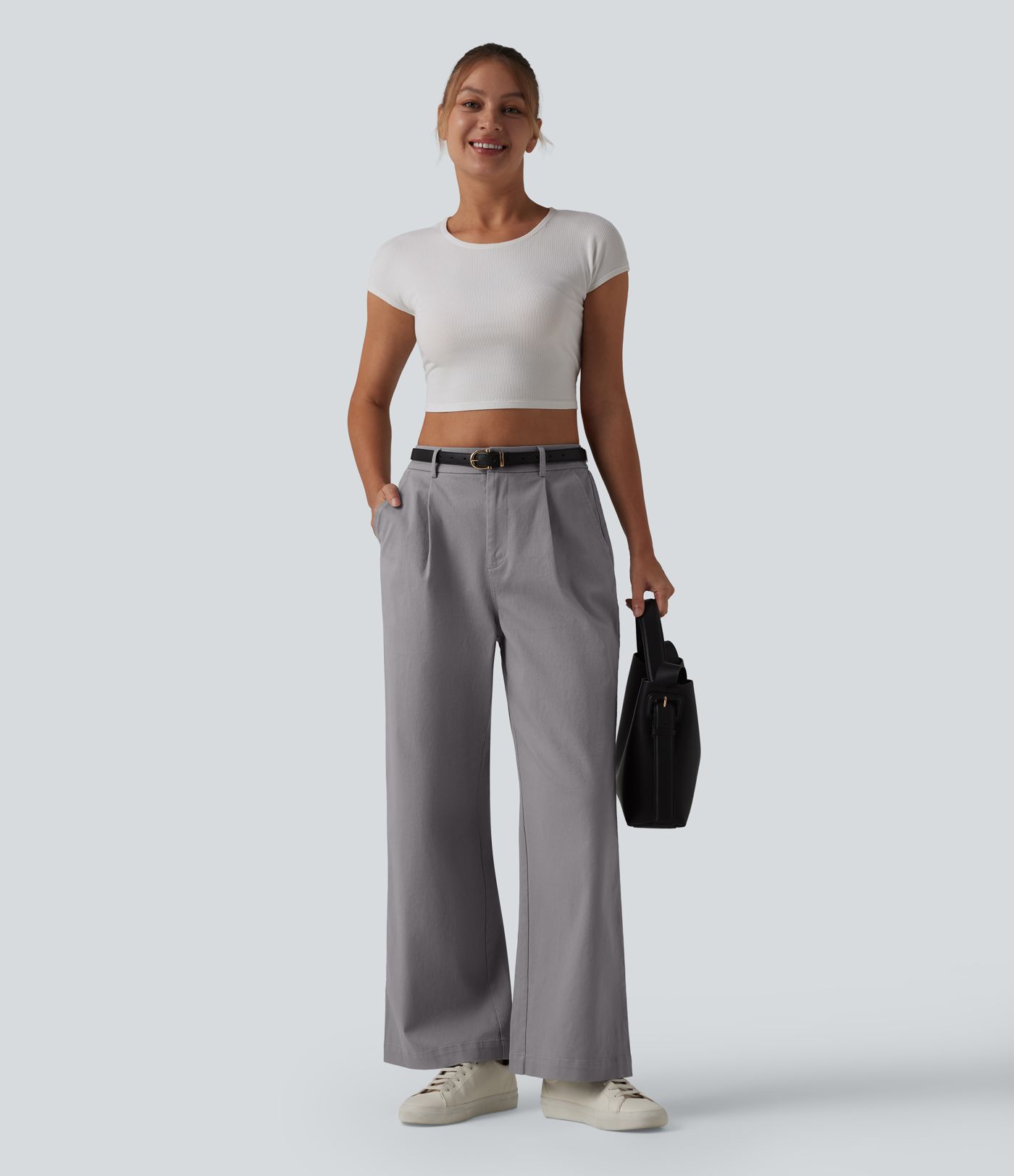 High Waisted Straight Leg Work Chino Cotton Pants with Pockets