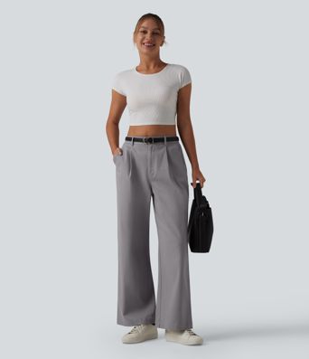 High Waisted Straight Leg Work Chino Cotton Pants with Pockets