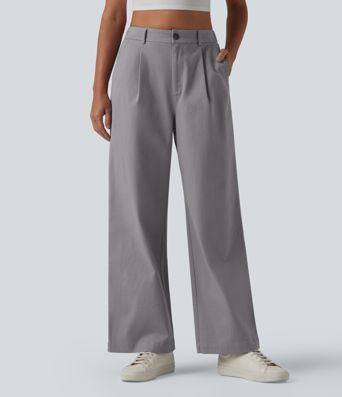 High Waisted Straight Leg Work Chino Cotton Pants with Pockets