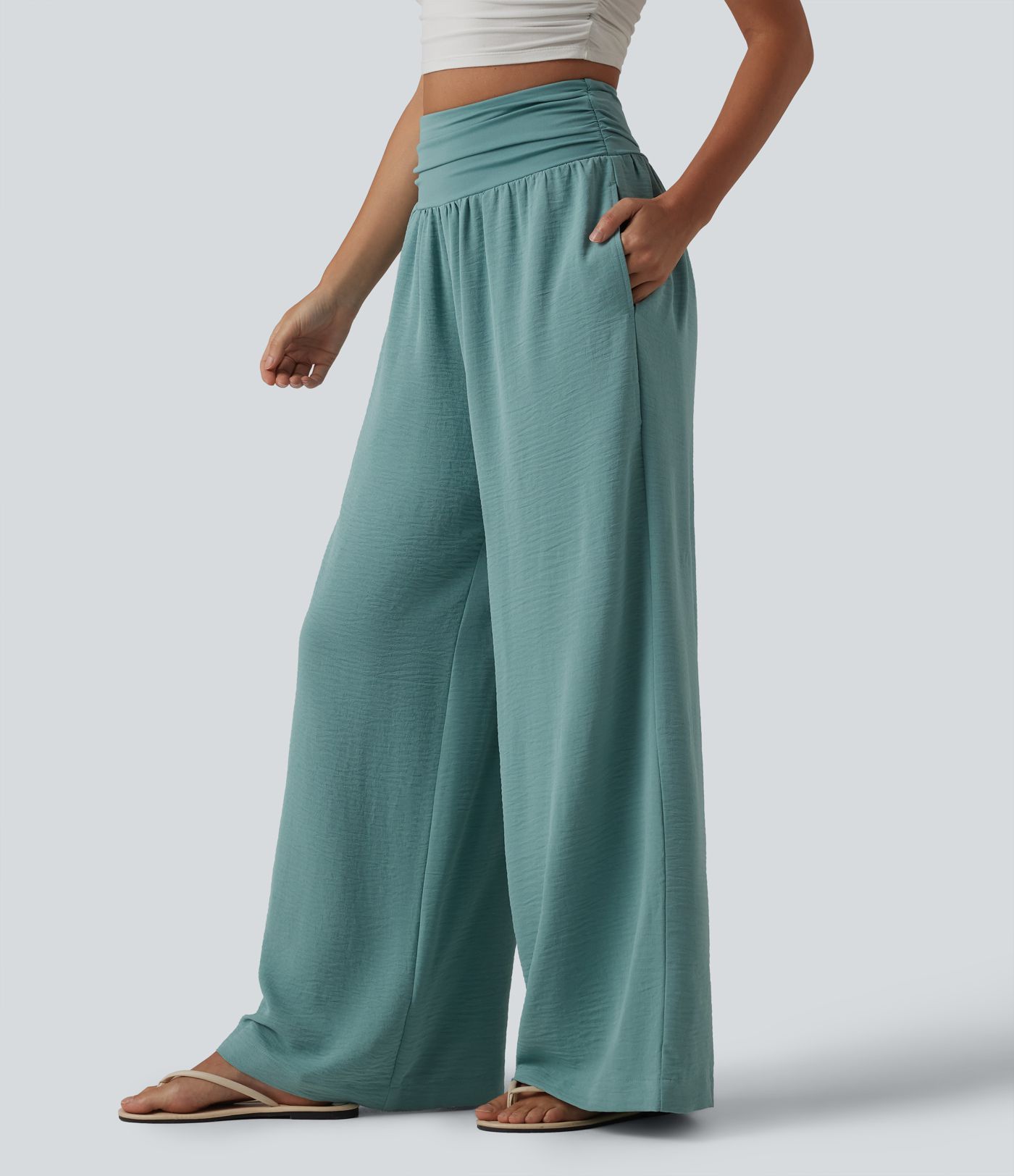 Pantalon ample décontracté taille haute à fronces, effet gainant pour le ventre, aspect lin, avec poches